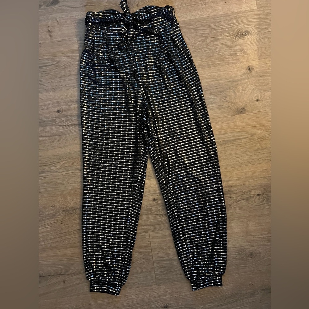 Black sequin pants with tie. Size small